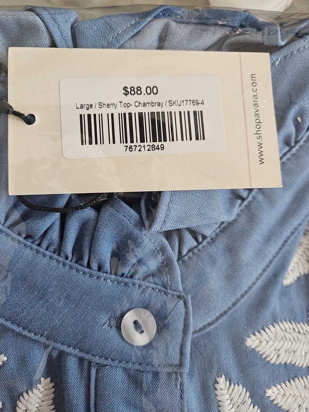 Light Blue Embroidered Ruffle-Neck Button Front Blouse - Picture 4 of 7